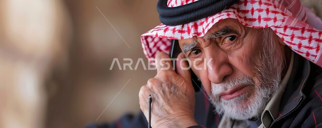 التحدث مع الأصدقاء عبر برامج التواصل الاجتماعي، دردشات ومحادثات عبر الانترنت، صورة مقربة لرجل كبير السن عربي خليجي سعودي يرتدي الشماغ والثوب التقليدي يستخدم الهاتف المحمول، إجراء مكالمات صوتية بإيماءات الجزن واليأس