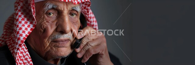 Talking to friends via social media, chatting and online conversations, close-up of an elderly Saudi Arabian Gulf man wearing a traditional keffiyeh and thobe using a mobile phone, making voice calls with gestures of sadness and despair