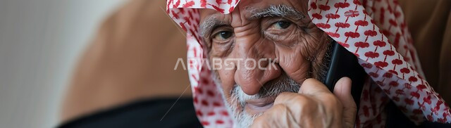 التحدث مع الأصدقاء عبر برامج التواصل الاجتماعي، دردشات ومحادثات عبر الانترنت، صورة مقربة لرجل كبير السن عربي خليجي سعودي يرتدي الشماغ والثوب التقليدي يستخدم الهاتف المحمول، إجراء مكالمات صوتية بإيماءات الجزن واليأس