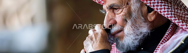 Talking to friends via social media, chatting and online conversations, close-up of an elderly Saudi Arabian Gulf man wearing a traditional keffiyeh and thobe using a mobile phone, making voice calls with gestures of sadness and despair