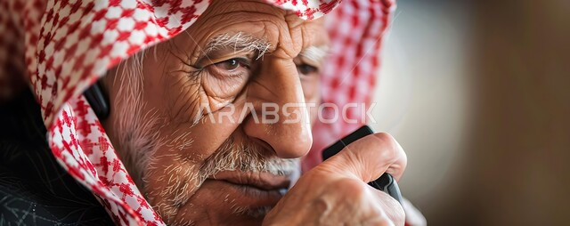 محادثات ودردشات عبر الانترنت، التحدث مع الأصدقاء عبر برامج التواصل الاجتماعي، صورة مقربة لرجل كبير السن عربي خليجي سعودي يرتدي الشماغ والثوب التقليدي يستخدم الهاتف المحمول، إجراء مكالمات صوتية بإيماءات التفكير