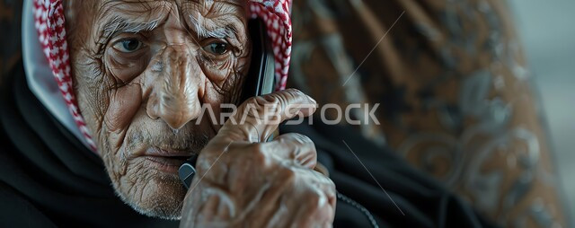 محادثات ودردشات عبر الانترنت، التحدث مع الأصدقاء عبر برامج التواصل الاجتماعي، صورة مقربة لرجل كبير السن عربي خليجي سعودي يرتدي الشماغ والثوب التقليدي يستخدم الهاتف المحمول، إجراء مكالمات صوتية بإيماءات التفكير