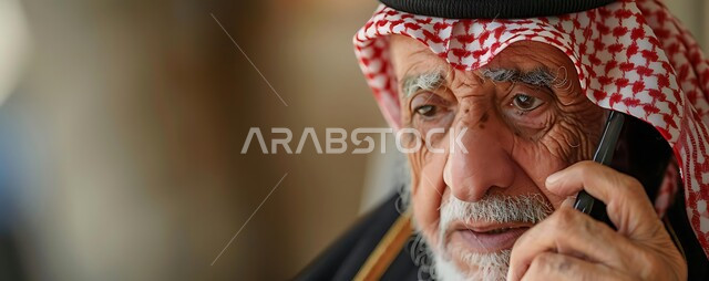 محادثات ودردشات عبر الانترنت، التحدث مع الأصدقاء عبر برامج التواصل الاجتماعي، صورة مقربة لرجل كبير السن عربي خليجي سعودي يرتدي الشماغ والثوب التقليدي يستخدم الهاتف المحمول، إجراء مكالمات صوتية بإيماءات التفكير