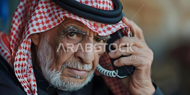 محادثات ودردشات عبر الانترنت، التحدث مع الأصدقاء عبر برامج التواصل الاجتماعي، صورة مقربة لرجل كبير السن عربي خليجي سعودي يرتدي الشماغ والثوب التقليدي يستخدم الهاتف المحمول، إجراء مكالمات صوتية بإيماءات التفكير
