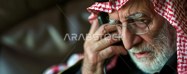 التحدث مع الأصدقاء عبر برامج التواصل الاجتماعي، دردشات ومحادثات عبر الانترنت، صورة مقربة لرجل كبير السن عربي خليجي سعودي يرتدي الشماغ والثوب التقليدي ونظارات يستخدم الهاتف المحمول، إجراء مكالمات صوتية بإيماءات التفكير