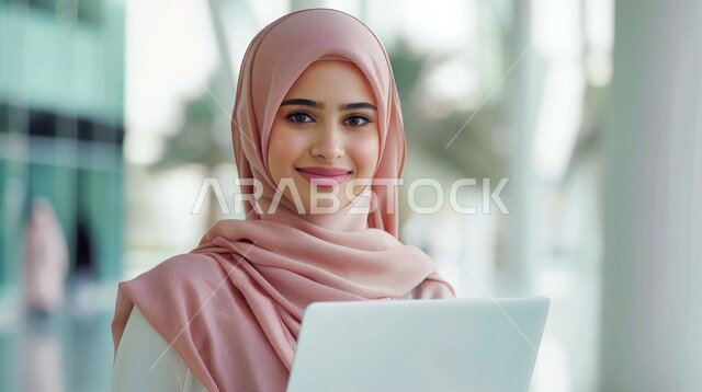 مفهوم الاهتمام بالمظهر الخارجي, صورة مقربة لامرأة عربية خليجية سعودية  محجبة مبتسمة تحمل بيدها جهاز الحاسوب المحمول, النظر الى الكاميرا بتعابير السرور, استخدام تقنيات الحديثة المتطورة.