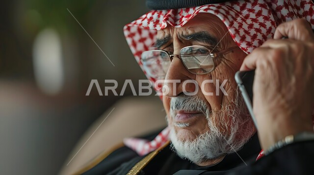 استخدام الأجهزة التقنية الحديثة، التحدث مع الأصدقاء عبر برامج التواصل الاجتماعي، دردشات ومحادثات عبر الانترنت، صورة مقربة لرجل كبير السن عربي خليجي سعودي يرتدي الشماغ والثوب التقليدي والنظارات الطبية يستخدم الهاتف المحمول، إجراء مكالمات صوتية بإيماءات السرور