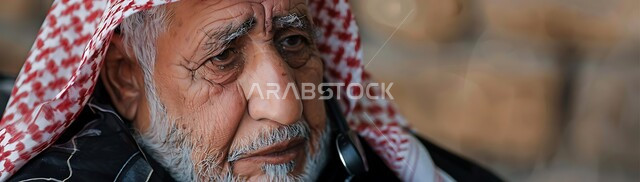 Talking to friends via social media, chatting and online conversations, close-up of an elderly Saudi Arabian Gulf man wearing a traditional keffiyeh and thobe using a mobile phone, making voice calls with gestures of thinking and sadness