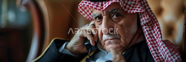 إجراء مكالمات صوتية بإيماءات التفكير، التحدث مع الأصدقاء عبر برامج التواصل الاجتماعي، دردشات ومحادثات عبر الانترنت، صورة مقربة لرجل كبير السن عربي خليجي سعودي يرتدي الشماغ والثوب التقليدي ينظر الى الكاميرا يستخدم الهاتف المحمول