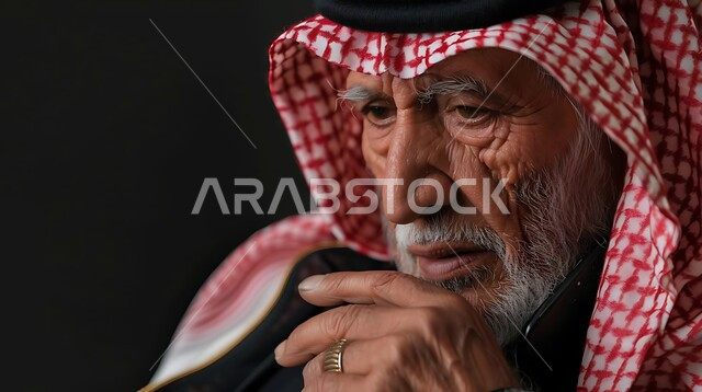 Gestures of integration and absent-mindedness, decision making and problem solving, close-up of an elderly Saudi Arabian Gulf Arab man wearing a traditional shemagh and thobe thinking and planning, looking at something.