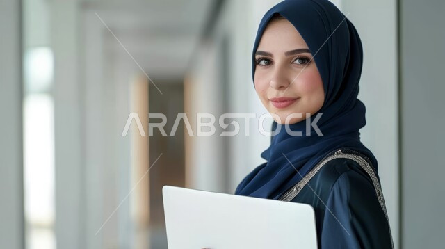 مفهوم الاهتمام بالمظهر الخارجي, صورة مقربة لامرأة عربية خليجية سعودية  محجبة مبتسمة تحمل بيدها جهاز الحاسوب المحمول, النظر الى الكاميرا بتعابير السرور, استخدام تقنيات الحديثة المتطورة, مفهوم النعومة والأناقة.