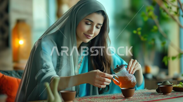 تقديم المشروبات الساخنة للضيوف، صورة مقربة لسيدة عربية سعودية خليجية مبتسمة تضع غطاء الرأس تقوم بصب الشاي من الإبريق، كرم الضيافة وحسن الاستقبال، منتجات وطنية محلية، تعابير البشاشة والترحيب