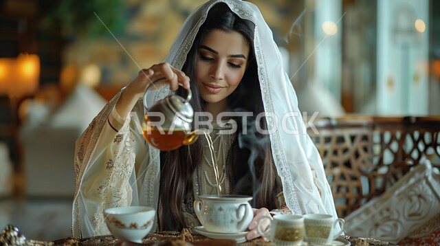 تقديم المشروبات الساخنة للضيوف، صورة مقربة لسيدة عربية سعودية خليجية مبتسمة تضع غطاء الرأس تقوم بصب الشاي من الإبريق، كرم الضيافة وحسن الاستقبال، منتجات وطنية محلية، تعابير البشاشة والترحيب