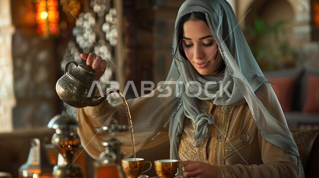 تقديم المشروبات الساخنة للضيوف، صورة مقربة لسيدة عربية سعودية خليجية مبتسمة تضع غطاء الرأس تقوم بصب الشاي من الإبريق، كرم الضيافة وحسن الاستقبال، منتجات وطنية محلية، تعابير البشاشة والترحيب