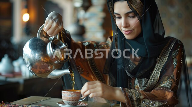 تقديم المشروبات الساخنة للضيوف، صورة مقربة لسيدة عربية سعودية خليجية مبتسمة تضع غطاء الرأس تقوم بصب الشاي من الإبريق، كرم الضيافة وحسن الاستقبال، منتجات وطنية محلية، تعابير البشاشة والترحيب