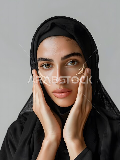 روتين وجلسات العناية بالبشرة للنساء, النظر الى الكاميرا بإيماءات السرور والبشاشة، مفهوم الجمال والاهتمام بالمظهر الخارجي,  بورتريه مقرب لامرأة عربية خليجية سعودية محجبة مبتسمة  تضع كريم الترطيب والتفتيح والتقشير, المحافظة على النضارة والشباب, خلفية رمادية