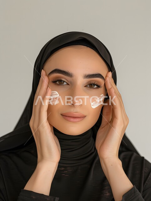 روتين وجلسات العناية بالبشرة للنساء, النظر الى الكاميرا بإيماءات السرور والبشاشة، مفهوم الجمال والاهتمام بالمظهر الخارجي,  بورتريه مقرب لامرأة عربية خليجية سعودية محجبة مبتسمة  تضع كريم الترطيب والتفتيح والتقشير, المحافظة على النضارة والشباب, خلفية رمادية
