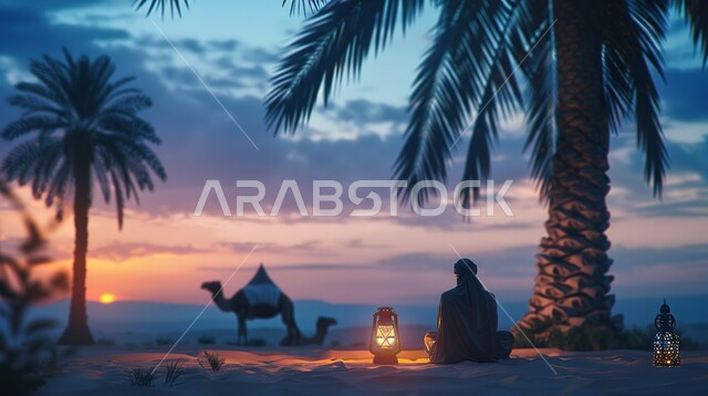 الهضاب والتلال الرملية والمناظر الطبيعية، صورة من الخلف لرجل عربي خليجي سعودي يرتدي الزي التقليدي يصلي في الصحراء يجلس امام فانوس معدني مضيء، المناطق الطبيعية الصحراوية في المملكة العربية السعودية وقت الغروب