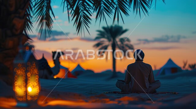 الهضاب والتلال الرملية والمناظر الطبيعية، صورة من الخلف لرجل عربي خليجي سعودي يرتدي الزي التقليدي يصلي في الصحراء يجلس امام فانوس معدني مضيء، المناطق الطبيعية الصحراوية في المملكة العربية السعودية وقت الغروب