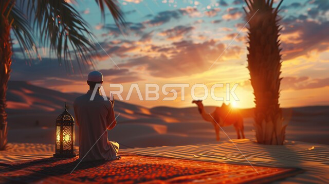 الهضاب والتلال الرملية والمناظر الطبيعية، صورة من الخلف لرجل عربي خليجي سعودي يرتدي الزي التقليدي يصلي في الصحراء يجلس امام فانوس معدني مضيء، المناطق الطبيعية الصحراوية في المملكة العربية السعودية وقت الغروب