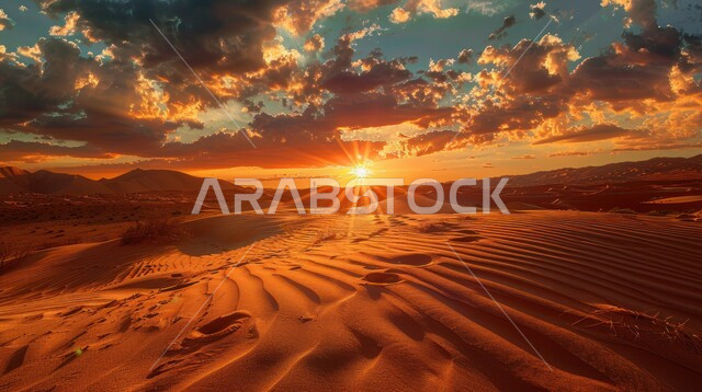 View of cloudy sky at sunset, soft golden sand and desert terrain, hills and dunes in the desert of Saudi Arabia, wilderness areas in Saudi Arabia
