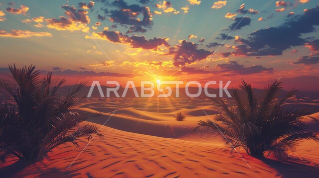 التلال والكثبان الرملية في صحراء المملكة العربية، منظر السماء المليئة بالغيوم وقت غروب الشمس، الرمال الذهبية الناعمة والتضاريس الصحراوية، المناطق البرية في السعودية