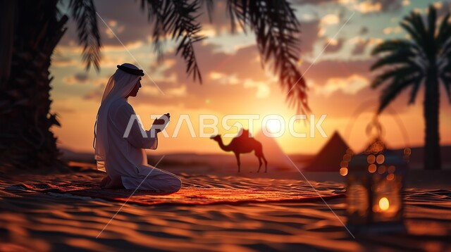 الهضاب والتلال الرملية والمناظر الطبيعية، صورة من الخلف لرجل عربي خليجي سعودي يرتدي الزي التقليدي يصلي في الصحراء يجلس امام فانوس معدني مضيء، المناطق الطبيعية الصحراوية في المملكة العربية السعودية وقت الغروب