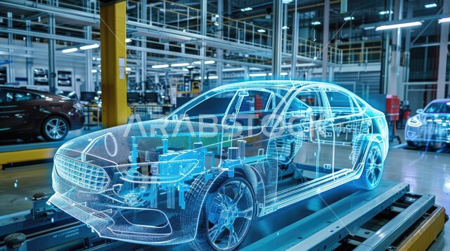 Innovating and manufacturing advanced cars, designs and engineering projects for future plans, moving towards the horizon, Saudi future vision 2030, modern technologies and technologies, 3D holographic graphics for the prototype of the car’s body