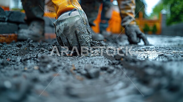 ادوات ومعدات الانشاء، جدار مصنوع من الطوب والاسمنت الرمادي، صورة مقربة ليد عامل بناء عربي خليجي سعودي يرتدي القفازات يقوم بصف قالب طوبي