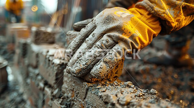 جدار مصنوع من الطوب والاسمنت الرمادي، صورة مقربة ليد عامل بناء عربي خليجي سعودي يرتدي القفازات يقوم بصف قالب طوبي، ادوات ومعدات الانشاء