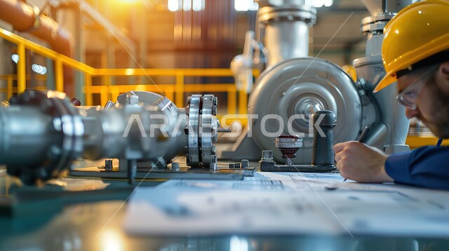 مخططات و تصماميم هندسية، صورة مقربة للمهندس عربي خليجي سعودي يرتدي خوذة الحماية يقوم برسم مخطط المضخة والصمامات لمحطة الضخ في المكتب، مراجعة وعرض مخطوطات المشاريع، إدارة ومتابعة المشروع