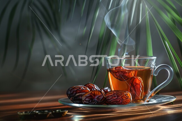 Healthy hot drinks, a meal with high nutritional value, a cup of delicious tea with fresh dates, local products and crops of Saudi Arabia, a healthy and useful breakfast