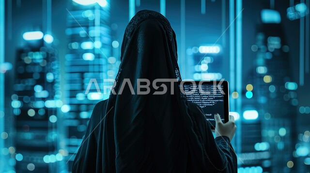 Using advanced modern technologies, promoting the concept of digital and technological development in Saudi society, close-up image from the back of a veiled Saudi Arabian Gulf woman wearing an abaya holding a tablet in her hand, blue holographic illuminated background