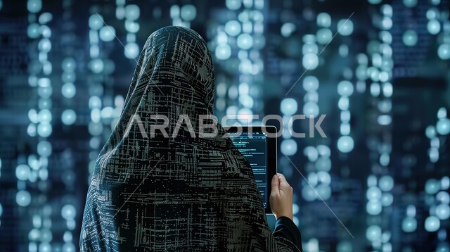 Promoting the concept of digital and technological development in Saudi society, using modern advanced technologies, close-up image from the back of a veiled Saudi Arabian Gulf woman wearing an abaya holding a tablet in her hand, blue holographic illuminated background