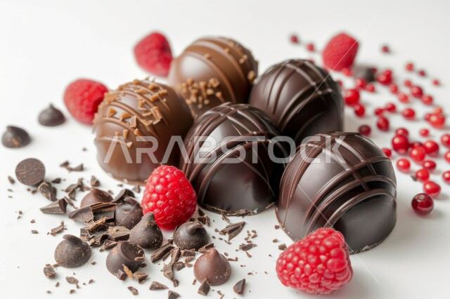 تقديم قطع الشوكولاته بأشكال جذابة, صناعة وإعداد حلوى الشوكولا, مجموعة من حبات الشوكلت المرتبة مع حبات التوت البري الأحمر, حلويات المناسبات والاستقبال وضيافة العيد، حلا غني بالسكريات بنكهة التوت، خلفية بيضاء
