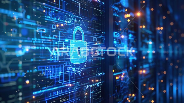 Communication lines and computer programming, the concept of cyber security and information preservation, 3D holographic screen background for security lock, algorithms and luminous symbols of modern technology and technology