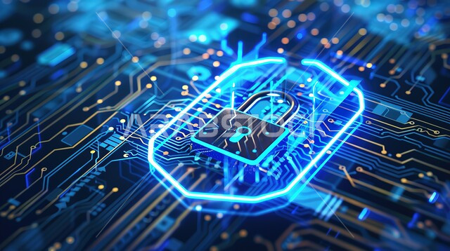 Communication lines and computer programming, the concept of cyber security and information preservation, 3D holographic screen background for security lock, algorithms and luminous symbols of modern technology and technology