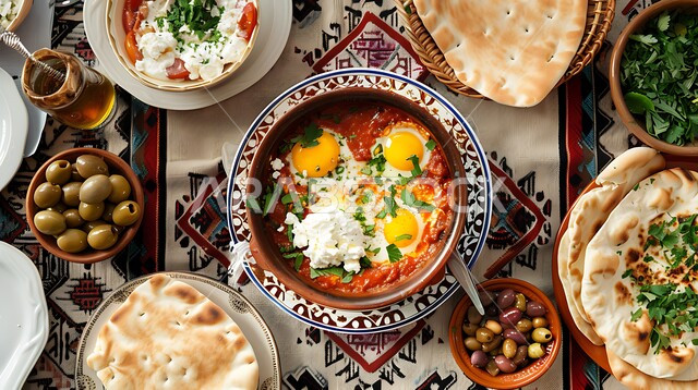 وجبة فطور صباحية مفيدة وسريعة، وجبات ومأكولات للحميات الغذائية، الاومليت اللذيذ المليء بالبروتينات الصحية، سفرة إفطار طازجة ومغذية، طبق البيض المقلي مع الطماطم والخضار