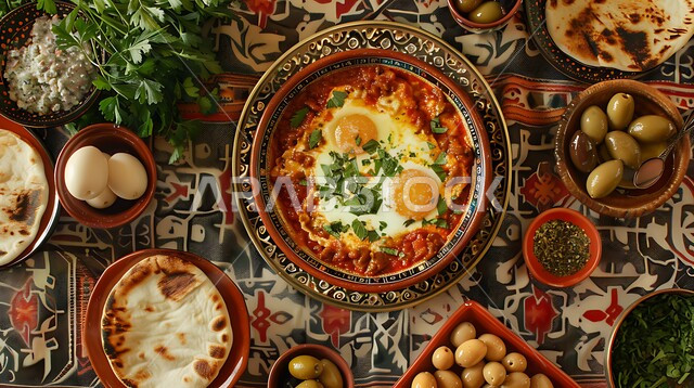 سفرة إفطار طازجة ومغذية، وجبة فطور صباحية مفيدة وسريعة، وجبات ومأكولات للحميات الغذائية، الاومليت اللذيذ المليء بالبروتينات الصحية، طبق البيض المقلي مع الطماطم والخضار