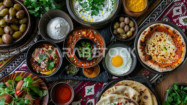 سفرة إفطار طازجة ومغذية، وجبة فطور صباحية مفيدة وسريعة، وجبات ومأكولات للحميات الغذائية، الاومليت اللذيذ المليء بالبروتينات الصحية، طبق البيض المقلي مع الطماطم والخضار