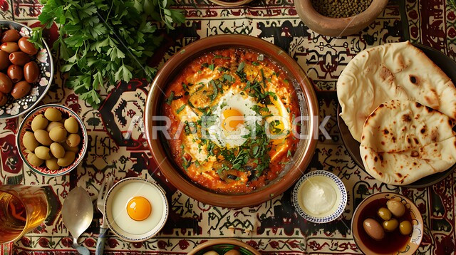 وجبة فطور صباحية مفيدة وسريعة، وجبات ومأكولات للحميات الغذائية، الاومليت اللذيذ المليء بالبروتينات الصحية، سفرة إفطار طازجة ومغذية، طبق البيض المقلي مع الطماطم والخضار