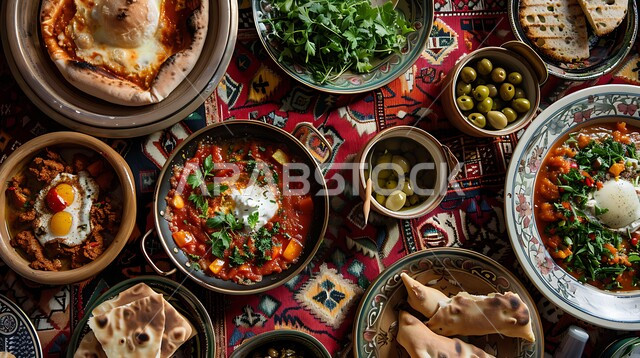 سفرة إفطار طازجة ومغذية، وجبة فطور صباحية مفيدة وسريعة، وجبات ومأكولات للحميات الغذائية، الاومليت اللذيذ المليء بالبروتينات الصحية، طبق البيض المقلي مع الطماطم والخضار