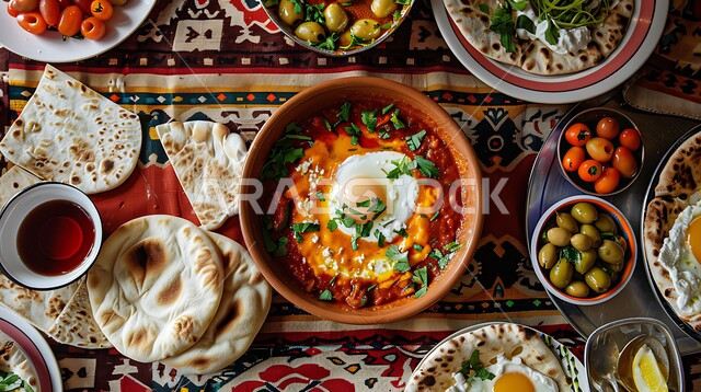 سفرة إفطار طازجة ومغذية، وجبة فطور صباحية مفيدة وسريعة، وجبات ومأكولات للحميات الغذائية، الاومليت اللذيذ المليء بالبروتينات الصحية، طبق البيض المقلي مع الطماطم والخضار