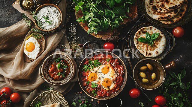 وجبة فطور صباحية مفيدة وسريعة، وجبات ومأكولات للحميات الغذائية، الاومليت اللذيذ المليء بالبروتينات الصحية، سفرة إفطار طازجة ومغذية، طبق البيض المقلي مع الطماطم والخضار