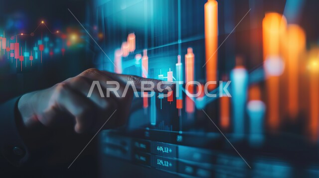 تطورات سوق الاوراق المالية، رسوم بيانية احصائية للبورصة العالمية، صورة مقربة ليد رجل عربي خليجي سعودي يشير إلى صعود وهبوط الأسهم على شاشة مضيئة, مراقبة الاقتصاد ومعلومات الاستثمار المالي، انجاز الاعمال باستخدام التكنولوجيا الحديثة