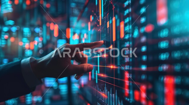 رسوم بيانية احصائية للبورصة العالمية، تطورات سوق الاوراق المالية، صورة مقربة ليد رجل عربي خليجي سعودي يشير إلى صعود وهبوط الأسهم على شاشة مضيئة, مراقبة الاقتصاد ومعلومات الاستثمار المالي، انجاز الاعمال باستخدام التكنولوجيا الحديثة