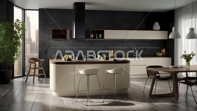 تصاميم وديكورات داخلية للمطابخ العربية الفاخرة في المملكة العربية السعودية, مطبخ راقي بألوان راقية, الفن الهندسي المعماري على الطراز الحديث, واجهات ونوافذ زجاجية, أدوات منزلية حديثة ومتطورة.