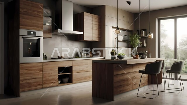 تصاميم وديكورات داخلية للمطابخ العربية الفاخرة في المملكة العربية السعودية, مطبخ راقي بألوان راقية, الفن الهندسي المعماري على الطراز الحديث, واجهات ونوافذ زجاجية, أدوات منزلية حديثة ومتطورة.