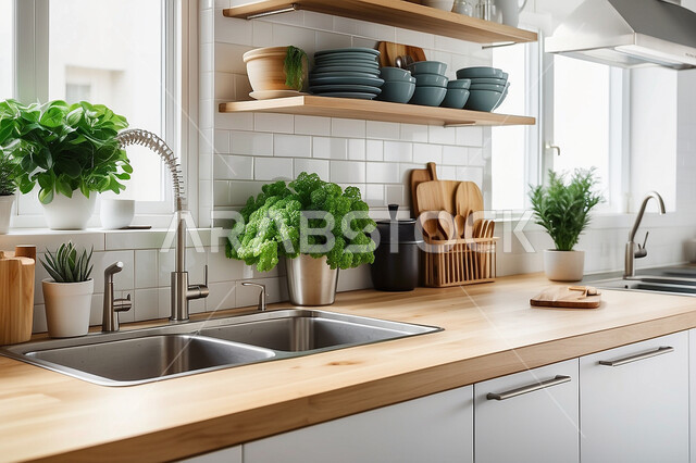 تصاميم وديكورات داخلية للمطابخ العربية الفاخرة في المملكة العربية السعودية, مطبخ راقي بألوان راقية, الفن الهندسي المعماري على الطراز الحديث, واجهات ونوافذ زجاجية, أدوات منزلية حديثة ومتطورة.