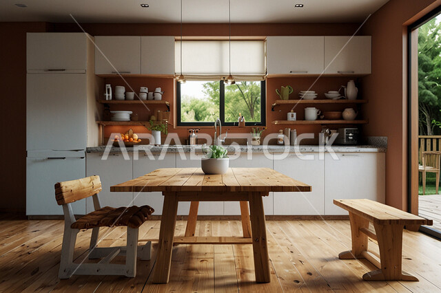 Interior designs and decorations for luxury Arabic kitchens in the Kingdom of Saudi Arabia, upscale kitchen in upscale colours, modern architectural art, glass facades and windows, modern and sophisticated household appliances.